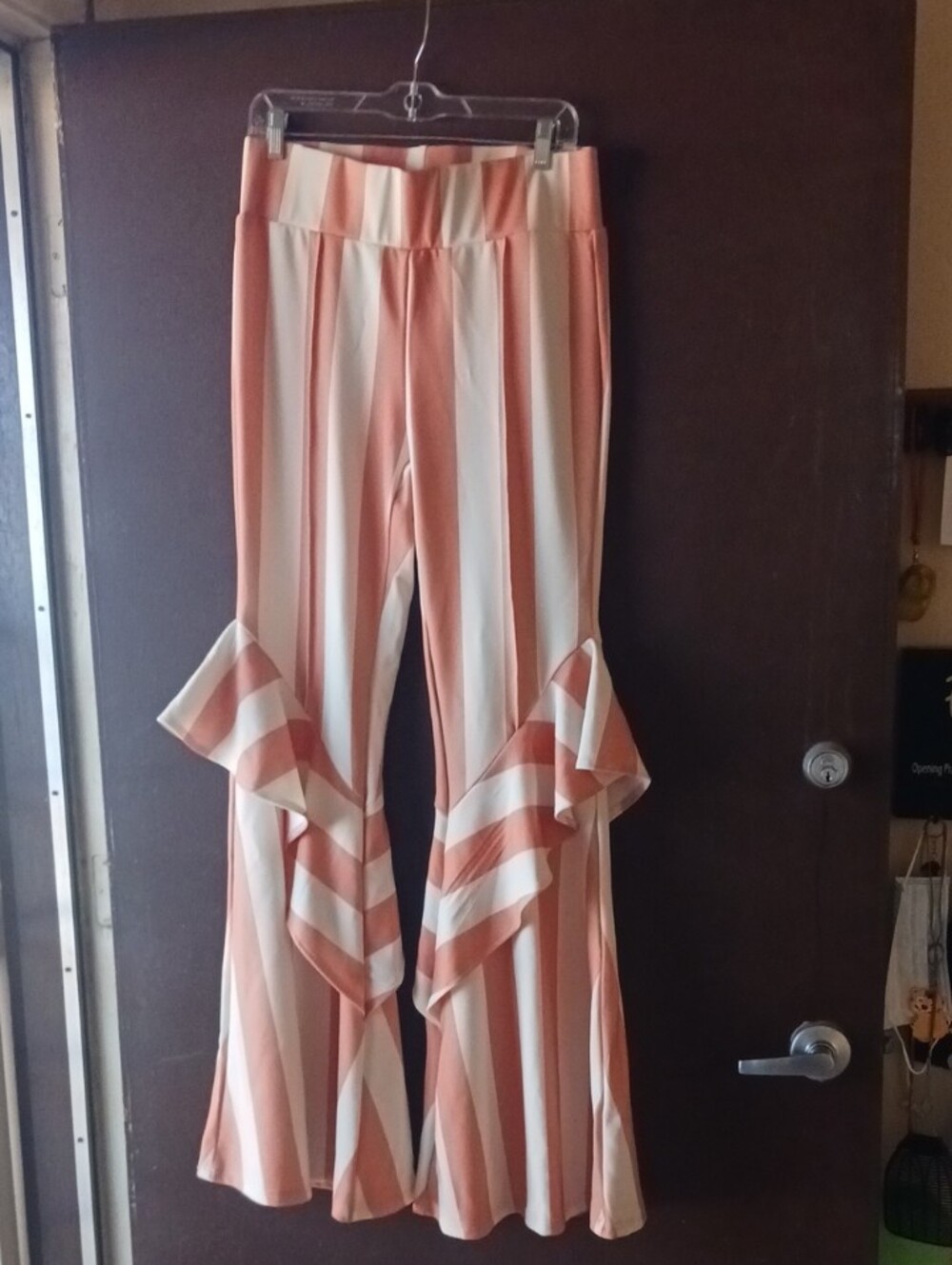 L&B Peach & Ivory Vertical Stripe Wide-Leg Ruffle Pants